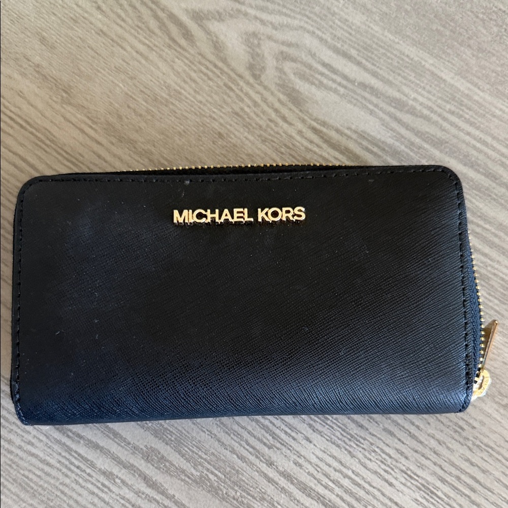 Michael Kors Black Zip-Around Wallet with Gold Zipper